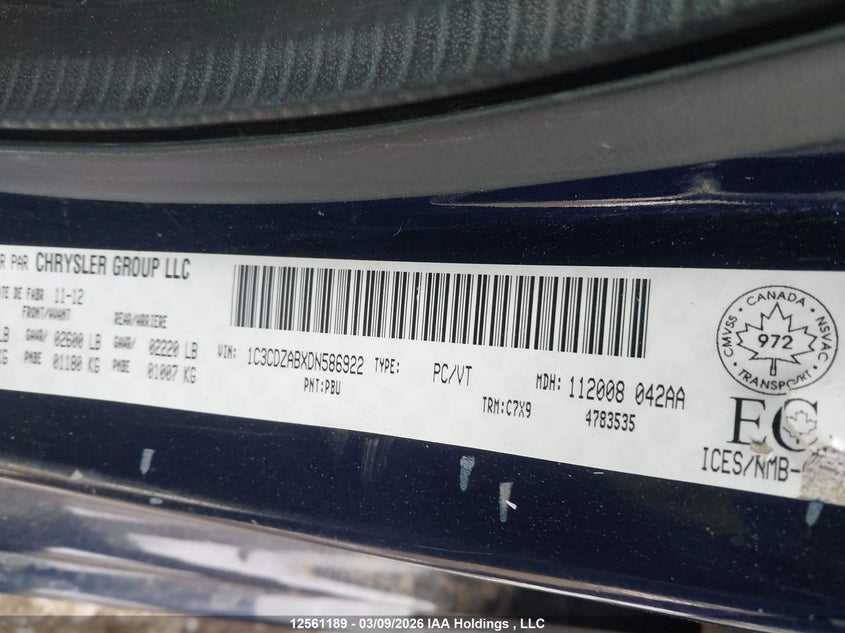 2013 Dodge Avenger VIN: 1C3CDZABXDN586922 Lot: 12561189