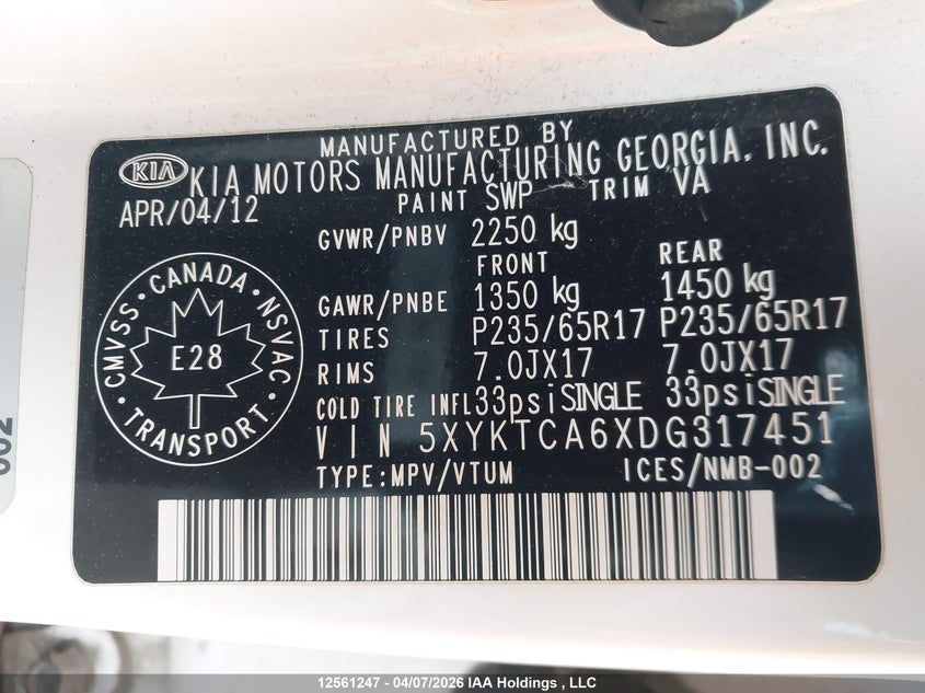 2013 Kia Sorento Lx VIN: 5XYKTCA6XDG317451 Lot: 12561247