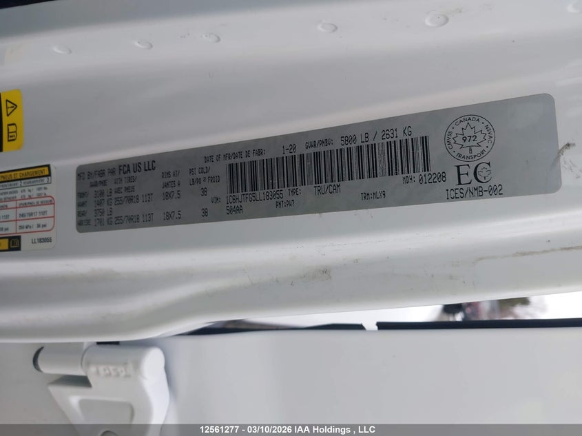 2020 Jeep Gladiator Overland VIN: 1C6HJTFG5LL183055 Lot: 12561277