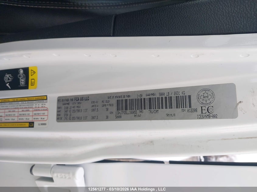 2020 Jeep Gladiator Overland VIN: 1C6HJTFG5LL183055 Lot: 12561277