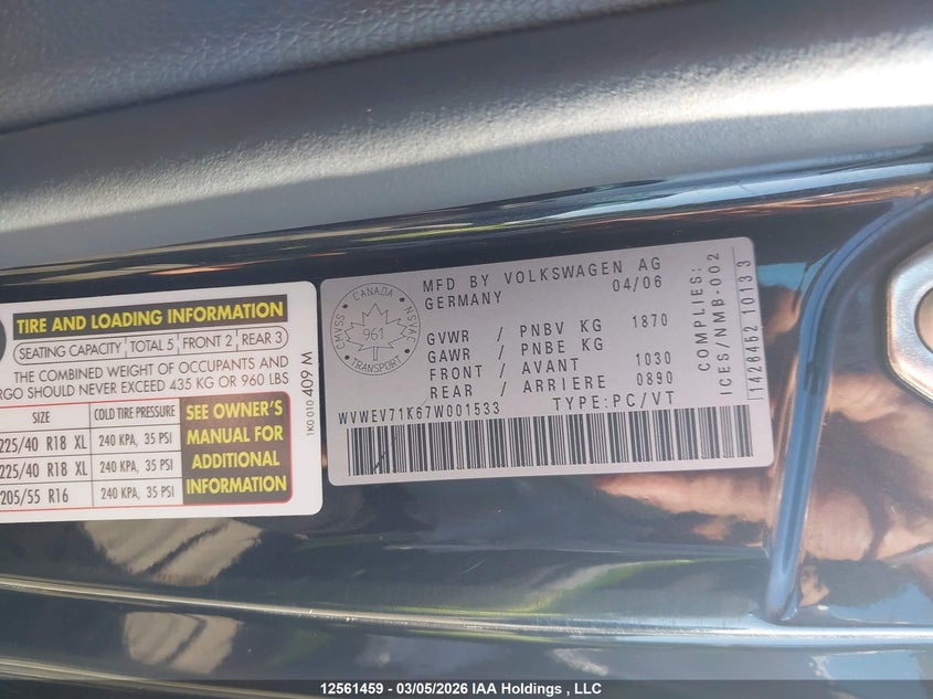 2007 Volkswagen New Gti VIN: WVWEV71K67W001533 Lot: 12561459