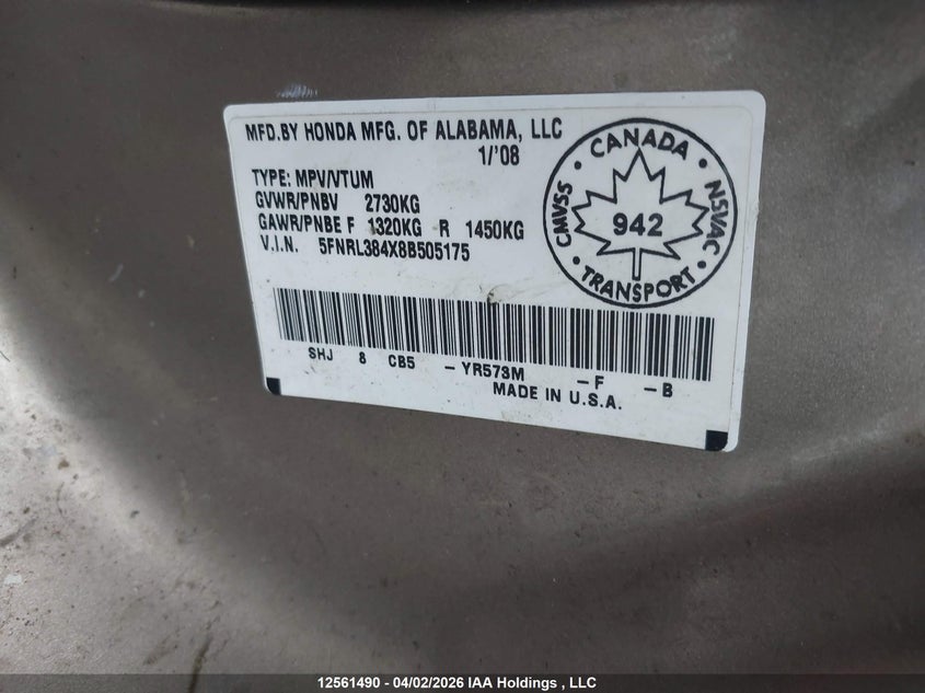 2008 Honda Odyssey Ex VIN: 5FNRL384X8B505175 Lot: 12561490