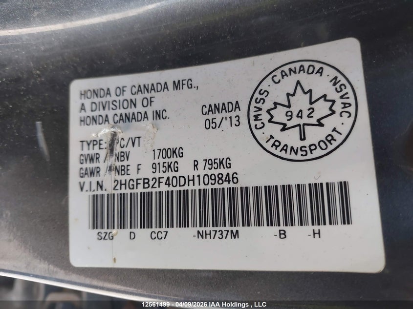 2013 Honda Civic Lx VIN: 2HGFB2F40DH109846 Lot: 12561499