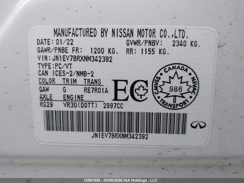 2022 Infiniti Q50 Luxe VIN: JN1EV7BRXNM342392 Lot: 12561555