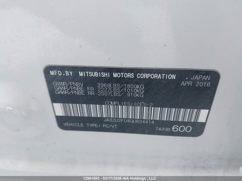 2016 Mitsubishi Lancer Es/Se Ltd VIN: JA32U2FU4GU604414 Lot: 12561583