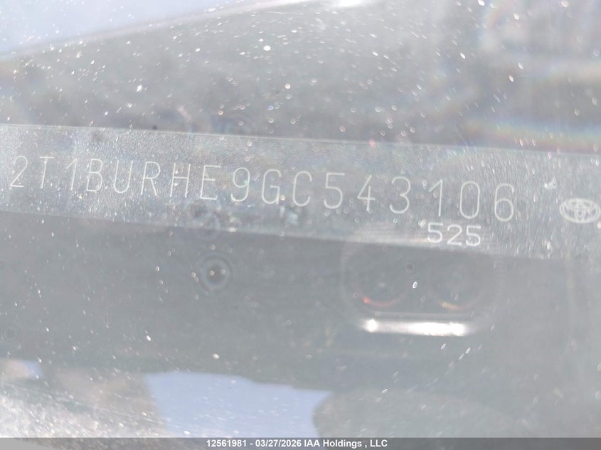 2016 Toyota Corolla L/Le/Le Pls/Prm/S/S Pls VIN: 2T1BURHE9GC543106 Lot: 12561981