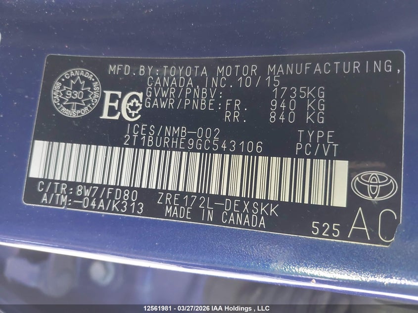 2016 Toyota Corolla L/Le/Le Pls/Prm/S/S Pls VIN: 2T1BURHE9GC543106 Lot: 12561981