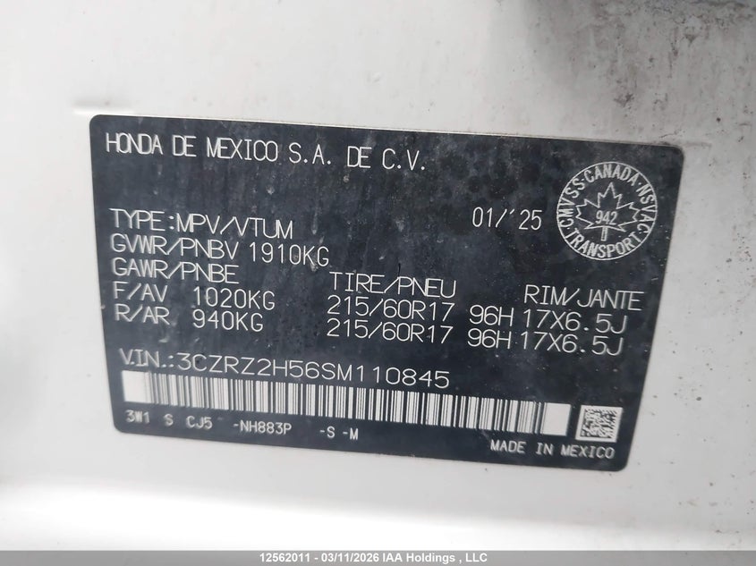 2025 Honda Hr-V Sport VIN: 3CZRZ2H56SM110845 Lot: 12562011