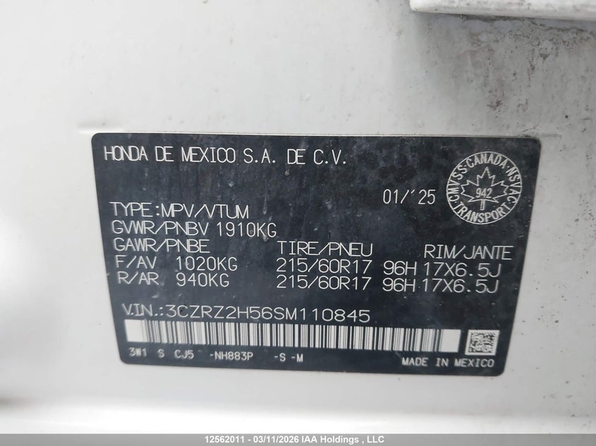 2025 Honda Hr-V Sport VIN: 3CZRZ2H56SM110845 Lot: 12562011