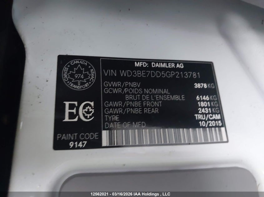 2016 Mercedes-Benz Sprinter 2500 Standard Roof VIN: WD3BE7DD5GP213781 Lot: 12562021