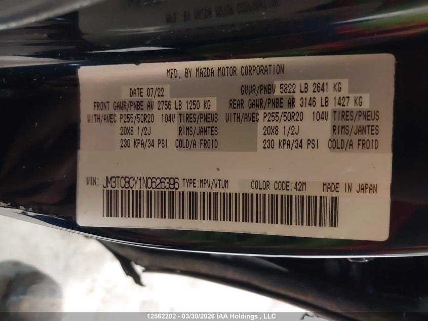 2022 Mazda Cx-9 Touring VIN: JM3TCBCY1N0626396 Lot: 12562202