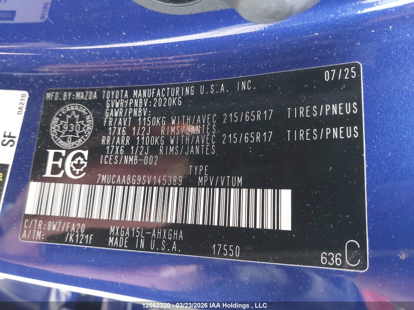2025 Toyota Corolla Cross Le VIN: 7MUCAABG9SV145389 Lot: 12562320