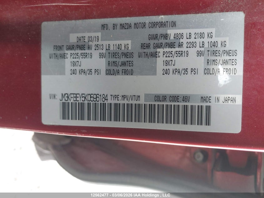 2019 Mazda Cx-5 Signature VIN: JM3KFBEY5K0596184 Lot: 12562477