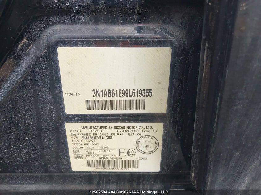 2009 Nissan Sentra 2.0 VIN: 3N1AB61E99L619355 Lot: 12562504