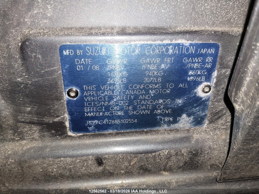 2008 Suzuki Sx4 VIN: JS2YC412685102554 Lot: 12562562