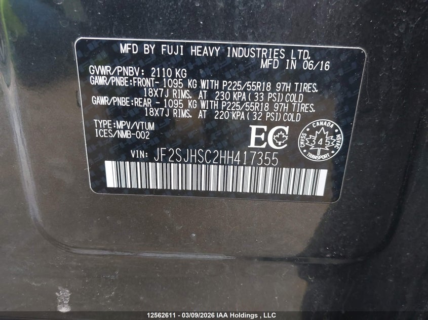 2017 Subaru Forester VIN: JF2SJHSC2HH417355 Lot: 12562611