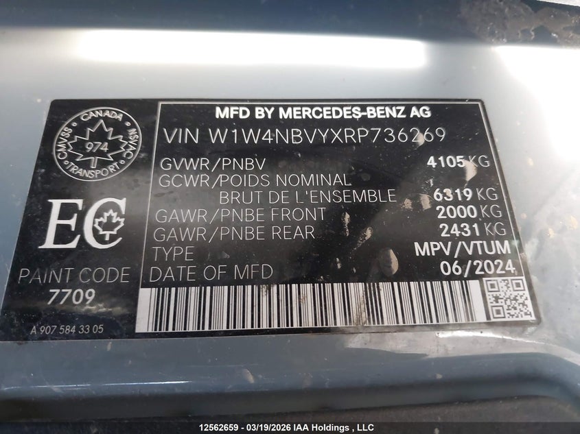 2024 Mercedes-Benz Sprinter 2500 VIN: W1W4NBVYXRP736269 Lot: 12562659