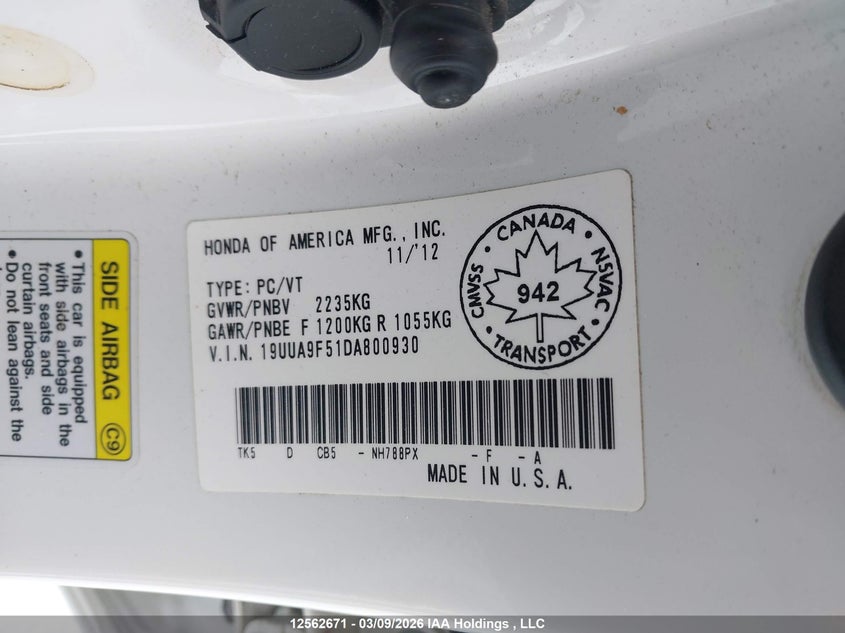 2013 Acura Tl Tech VIN: 19UUA9F51DA800930 Lot: 12562671