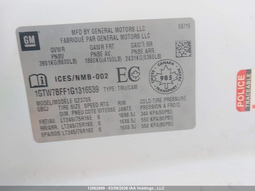 2016 GMC Savana 2500 1Wt VIN: 1GTW7BFF1G1316539 Lot: 12562699