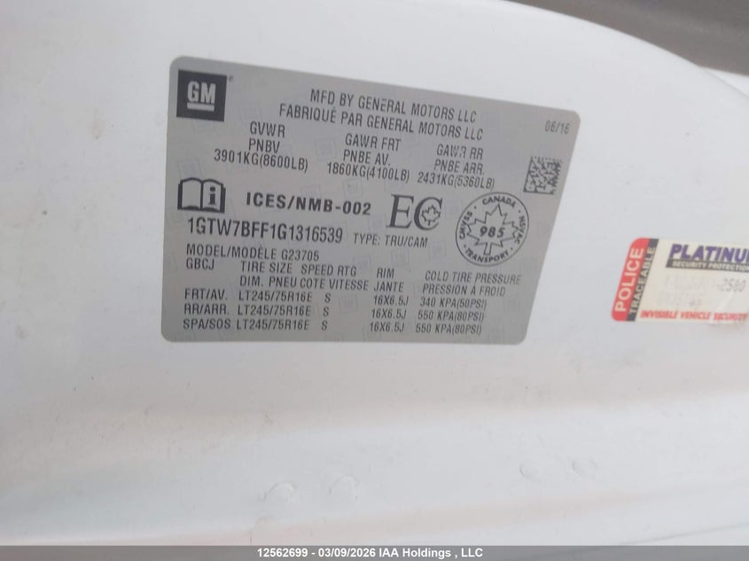 2016 GMC Savana 2500 1Wt VIN: 1GTW7BFF1G1316539 Lot: 12562699