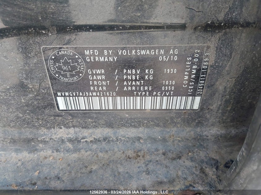 2010 Volkswagen Gti VIN: WVWGV7AJ9AW421620 Lot: 12562936
