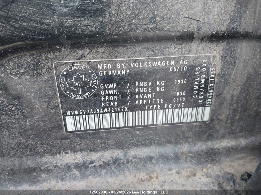 2010 Volkswagen Gti VIN: WVWGV7AJ9AW421620 Lot: 12562936