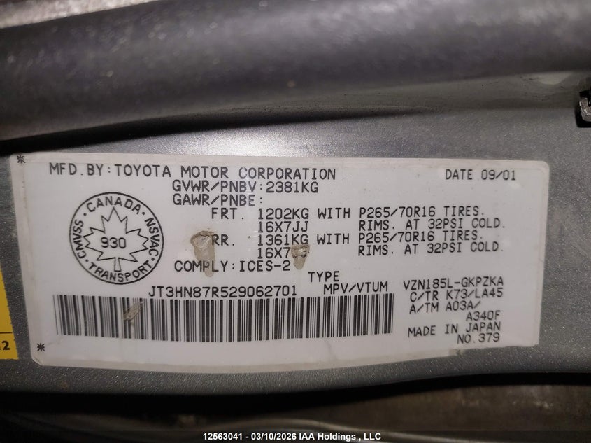 2002 Toyota 4Runner Limited VIN: JT3HN87R529062701 Lot: 12563041