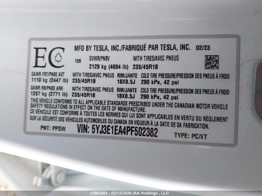 2023 Tesla Model 3 VIN: 5YJ3E1EA4PF502382 Lot: 12563081