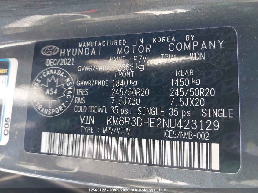2022 Hyundai Palisade Sel VIN: KM8R3DHE2NU423129 Lot: 12563122