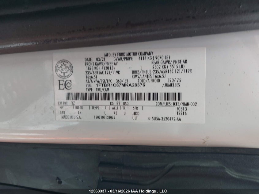 2021 Ford Transit 3.5 T-250 white Lot 111012563337 Vin 1FTBR1C87MKA28376