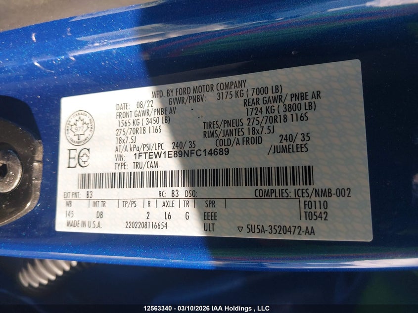 2022 Ford F-150 King Ranch/Lariat/Limited/Platinum/Tremor/Xl/Xlt VIN: 1FTEW1E89NFC14689 Lot: 12563340