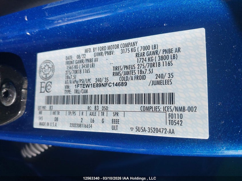 2022 Ford F-150 King Ranch/Lariat/Limited/Platinum/Tremor/Xl/Xlt VIN: 1FTEW1E89NFC14689 Lot: 12563340