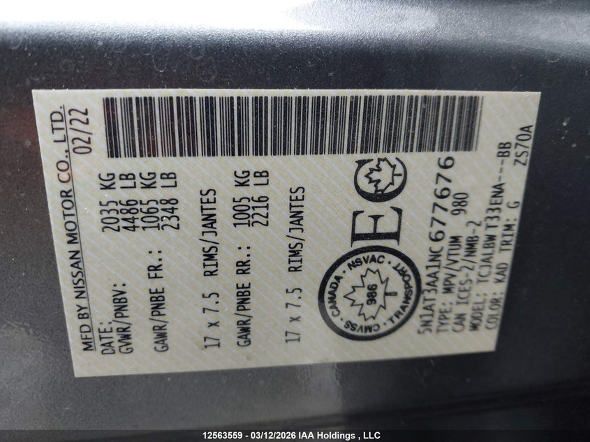 2022 Nissan Rogue VIN: 5N1AT3AA1NC677676 Lot: 12563559