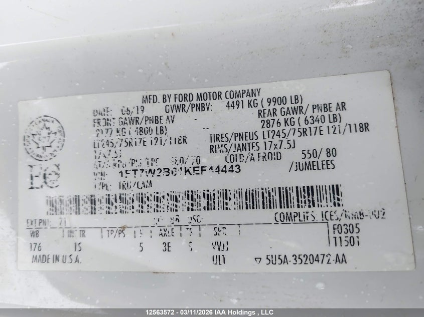 2019 Ford F-250 Xl VIN: 1FT7W2B61KEF44443 Lot: 12563572