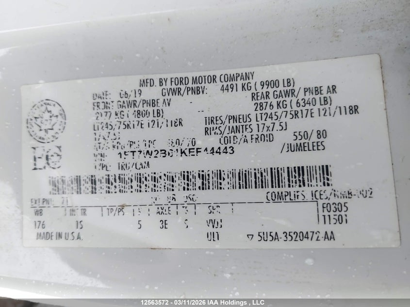 2019 Ford F-250 Xl VIN: 1FT7W2B61KEF44443 Lot: 12563572