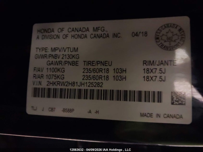 2018 Honda Cr-V Exl VIN: 2HKRW2H81JH125282 Lot: 12563632