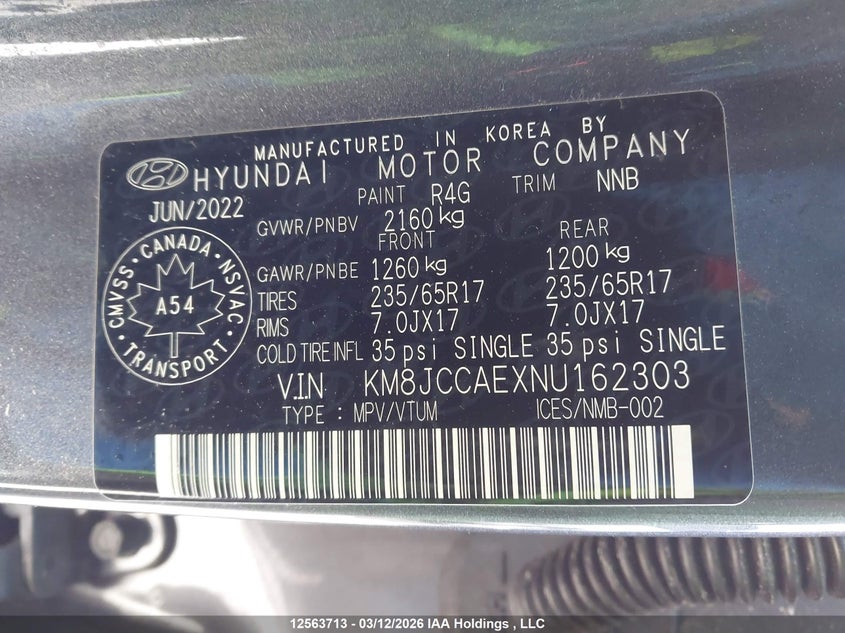 2022 Hyundai Tucson Preferred Awd With Trend Package VIN: KM8JCCAEXNU162303 Lot: 12563713
