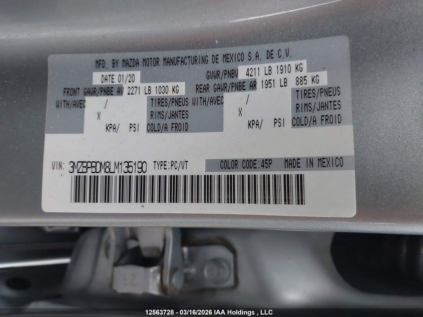 2020 Mazda Mazda3 Gt VIN: 3MZBPBDM8LM135190 Lot: 12563728