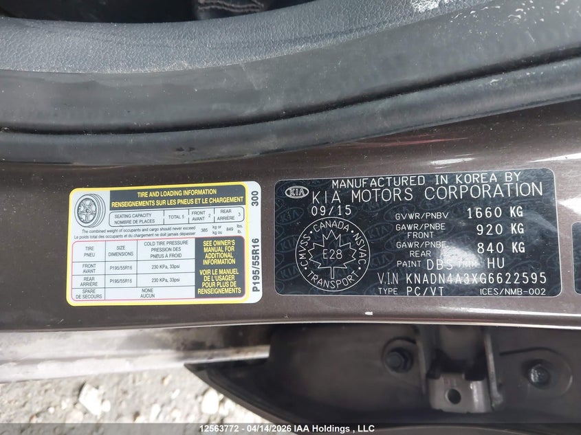 2016 Kia Rio VIN: KNADN4A3XG6622595 Lot: 12563772