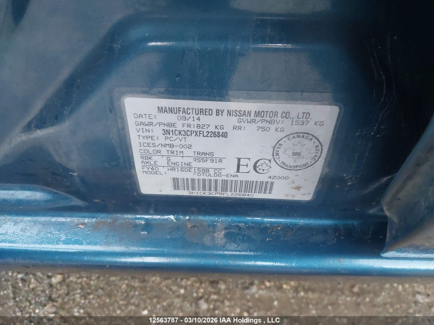 2015 Nissan Micra S/Sr/Sv VIN: 3N1CK3CPXFL226840 Lot: 12563787