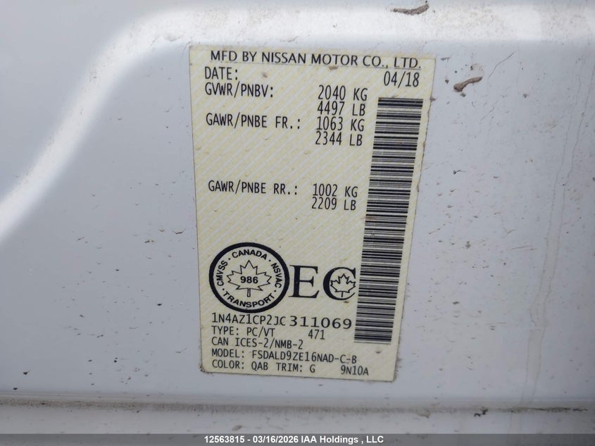 2018 Nissan Leaf S/Sl/Sv VIN: 1N4AZ1CP2JC311069 Lot: 12563815