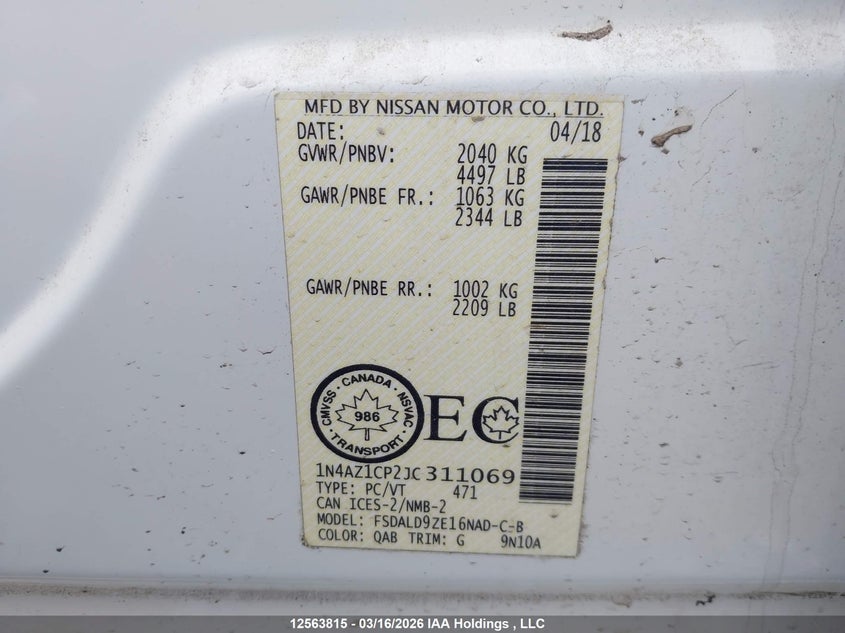 2018 Nissan Leaf S/Sl/Sv VIN: 1N4AZ1CP2JC311069 Lot: 12563815