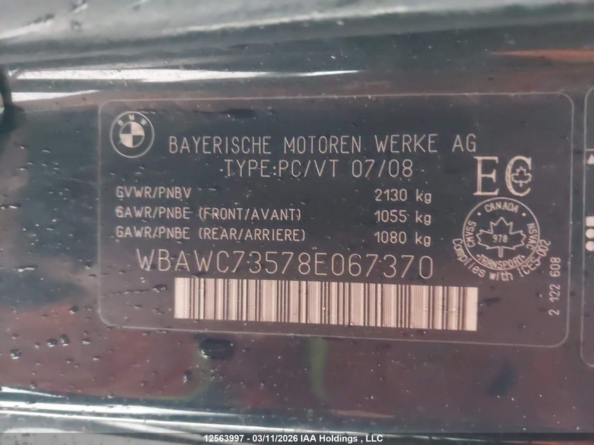 2008 BMW 335Xi VIN: WBAWC73578E067370 Lot: 12563997