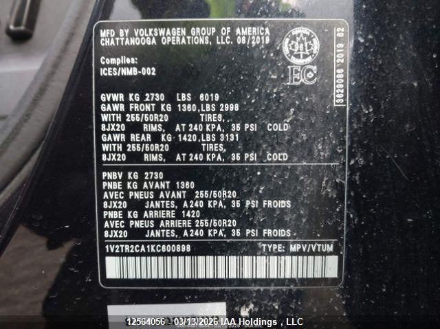 2019 Volkswagen Atlas Sel Premium VIN: 1V2TR2CA1KC600898 Lot: 12564056