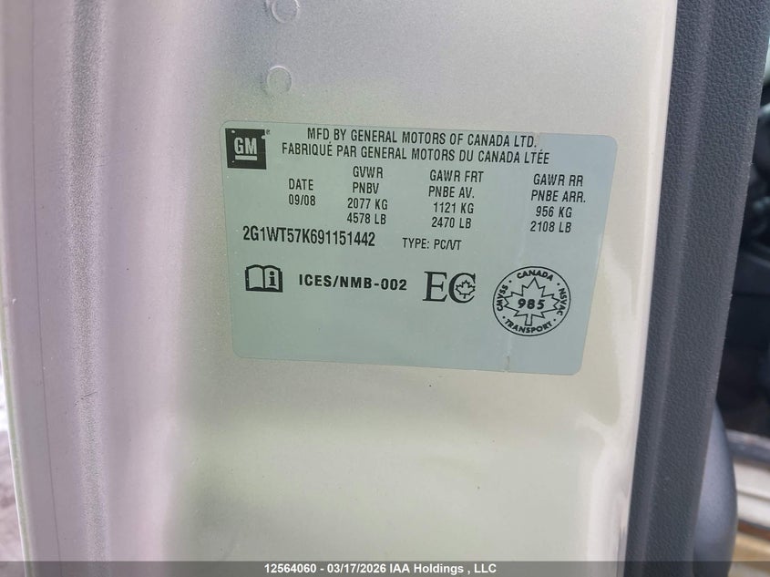 2009 Chevrolet Impala Lt VIN: 2G1WT57K691151442 Lot: 12564060