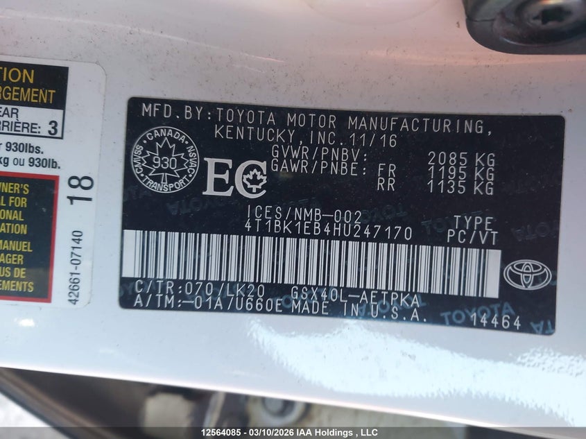 2017 Toyota Avalon Xle Plus/Premium/Tour/Ltd VIN: 4T1BK1EB4HU247170 Lot: 12564085