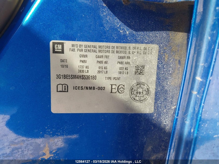 2017 Chevrolet Cruze Lt VIN: 3G1BE5SM4HS536180 Lot: 12564127