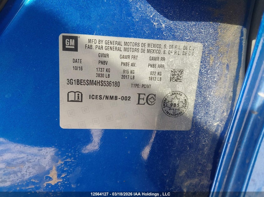 2017 Chevrolet Cruze Lt VIN: 3G1BE5SM4HS536180 Lot: 12564127