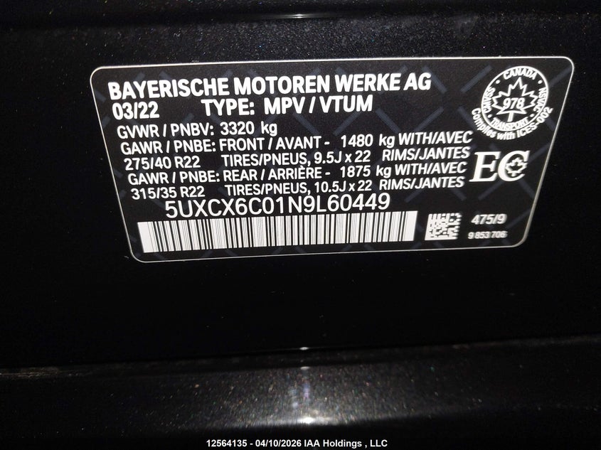 2022 BMW X7 M50I VIN: 5UXCX6C01N9L60449 Lot: 12564135