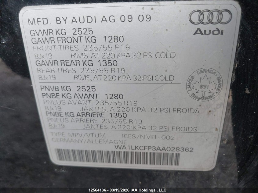 2010 Audi Q5 Premium Plus VIN: WA1LKCFP3AA028362 Lot: 12564136
